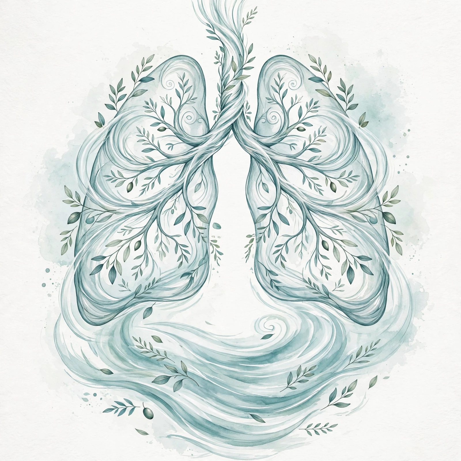 Stylized lungs formed by flowing air currents and leaves, illustrating diaphragmatic deep breathing technique