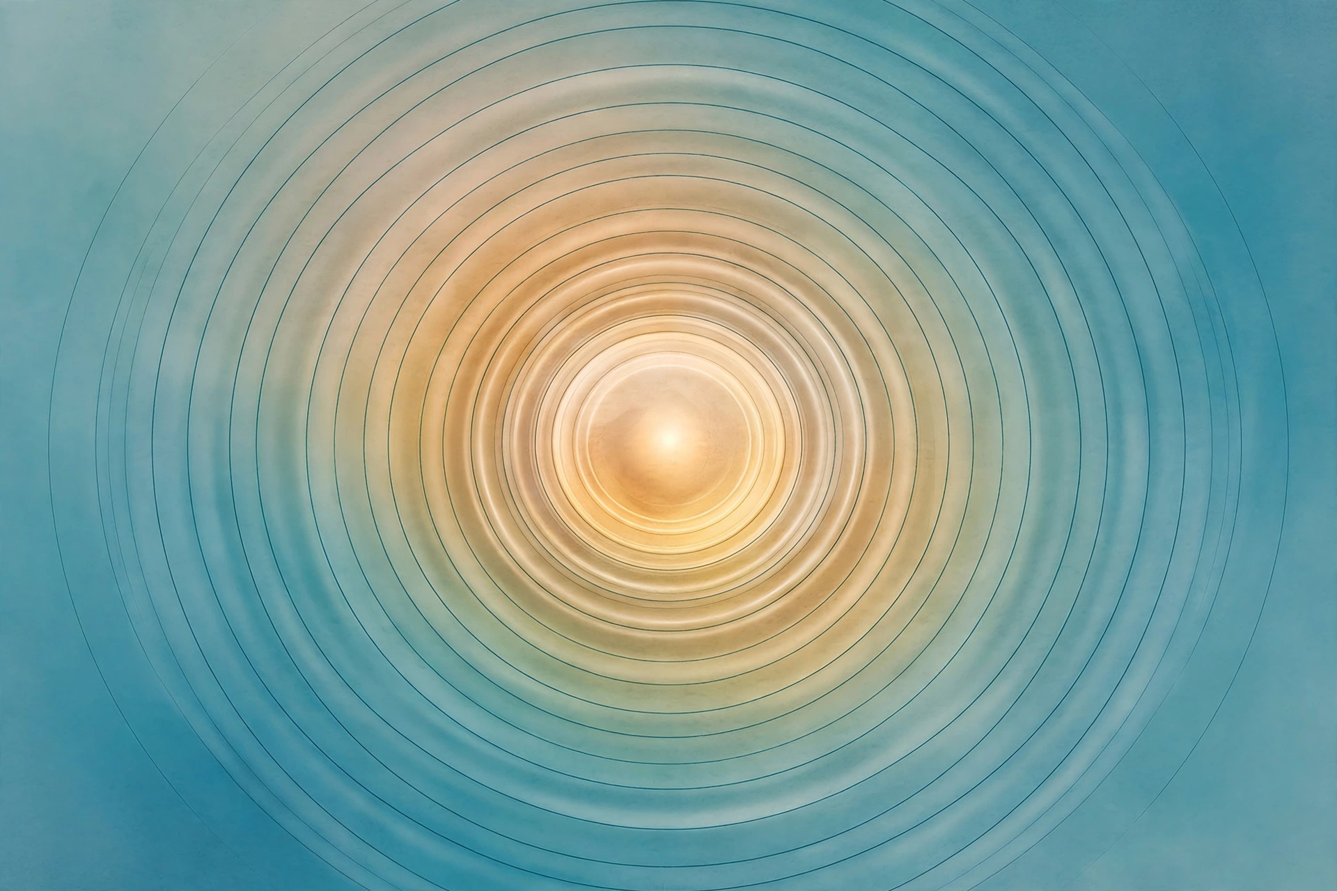 Expanding concentric circles radiating around a soft glowing center, symbolizing calm from daily deep breathing