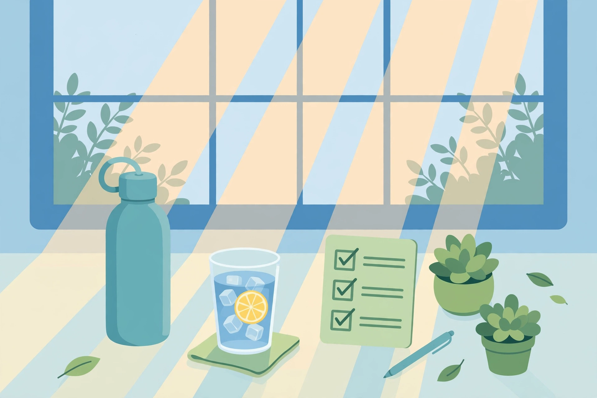 Illustration of healthy daily water-drinking habits at a desk