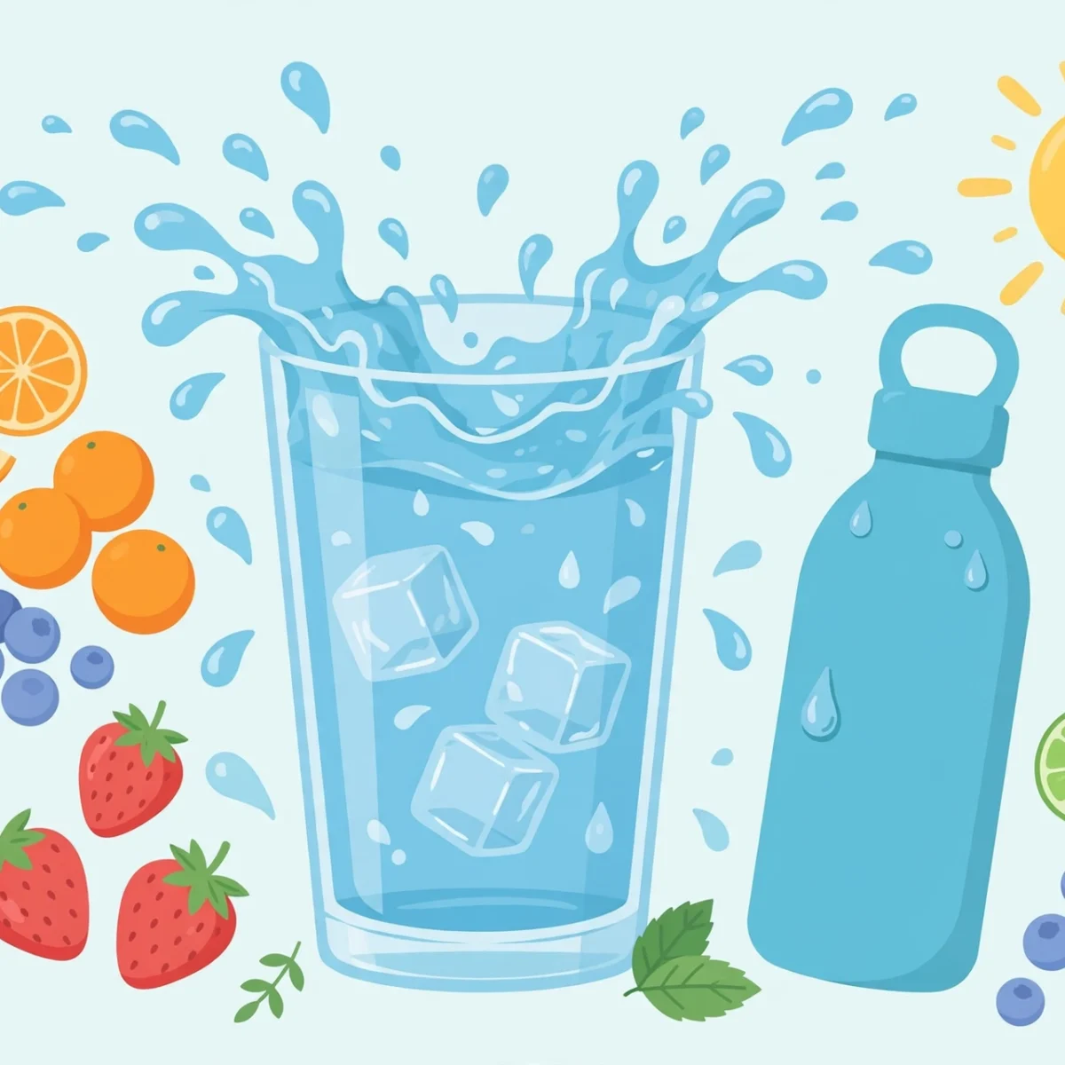 Illustration of daily hydration with a glass of water and fresh fruit