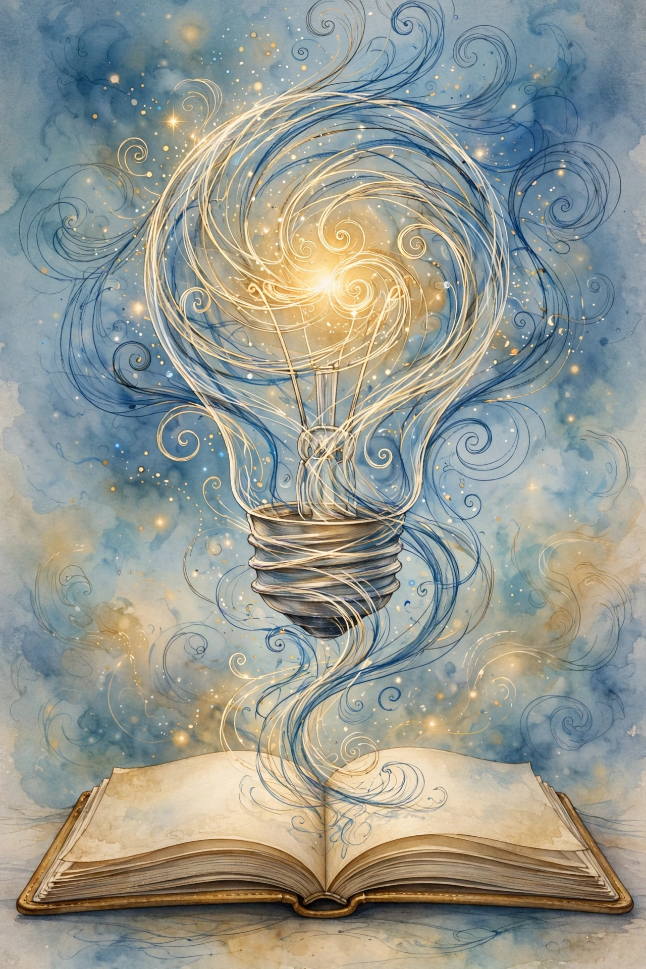 Glowing lightbulb of swirling lines above an open notebook, symbolizing mental clarity and insight from journaling