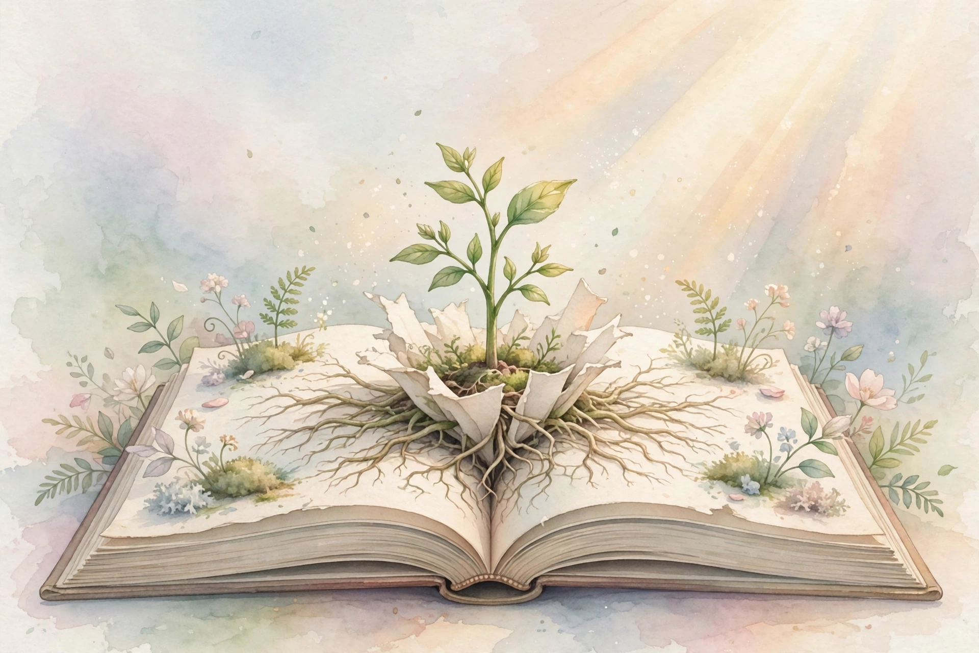 Small green plant sprouting from an open book's pages, symbolizing personal growth and healing through journaling