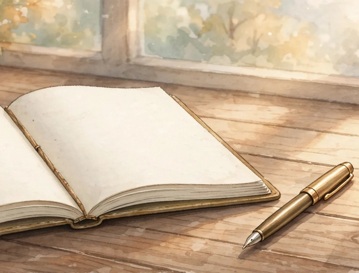 Open blank journal notebook with fountain pen on wooden desk in soft window light, symbolizing journaling for mental health