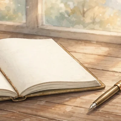 Open blank journal notebook with fountain pen on wooden desk in soft window light, symbolizing journaling for mental health