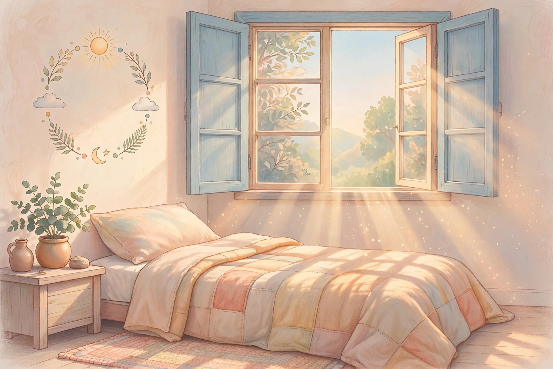 Warm morning sunlight streaming through an open window into a cozy bedroom, illustrating how light supports the sleep-wake cycle