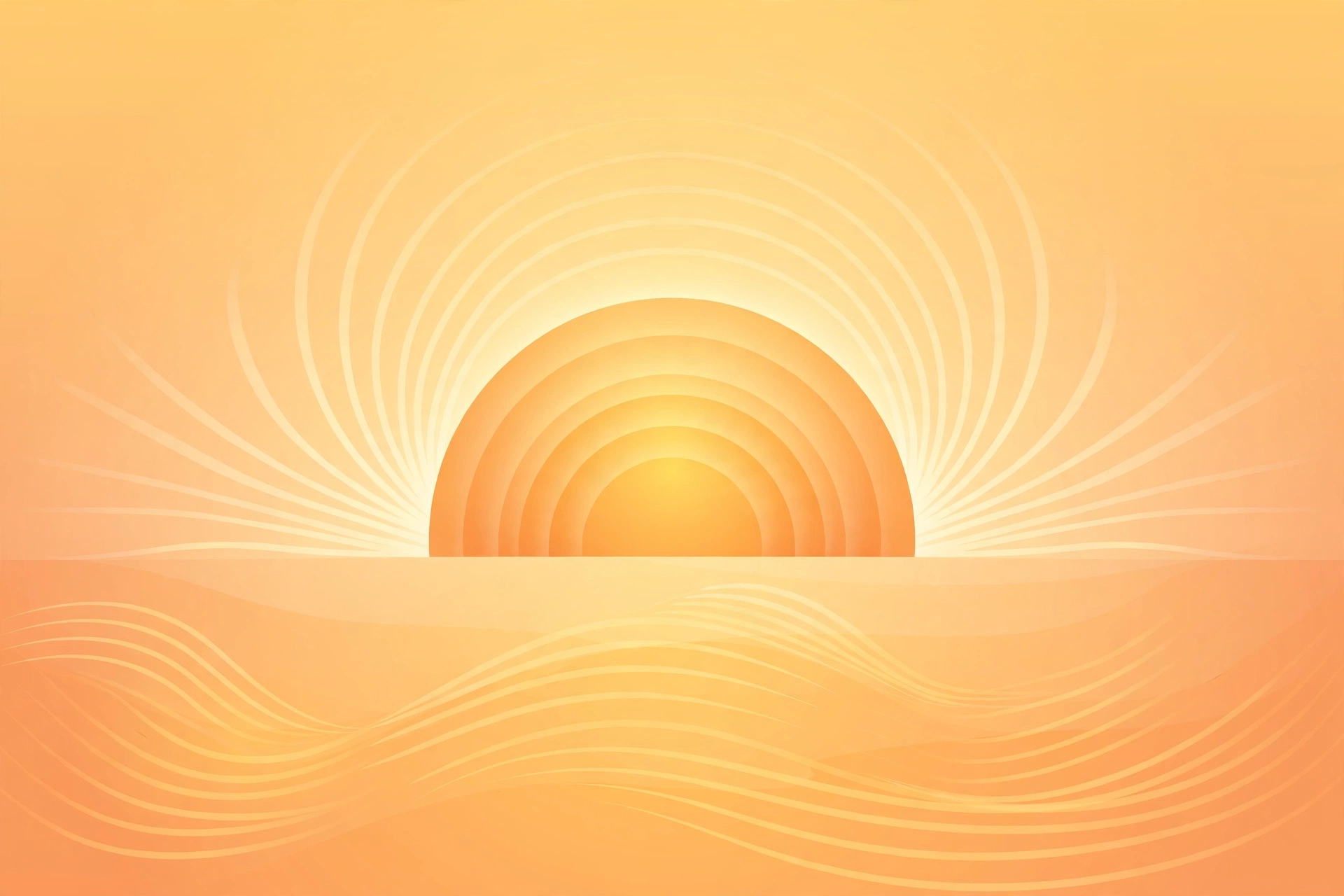Glowing half sun rising above the horizon with radiating light waves, representing natural energy and vitamin D from morning sun