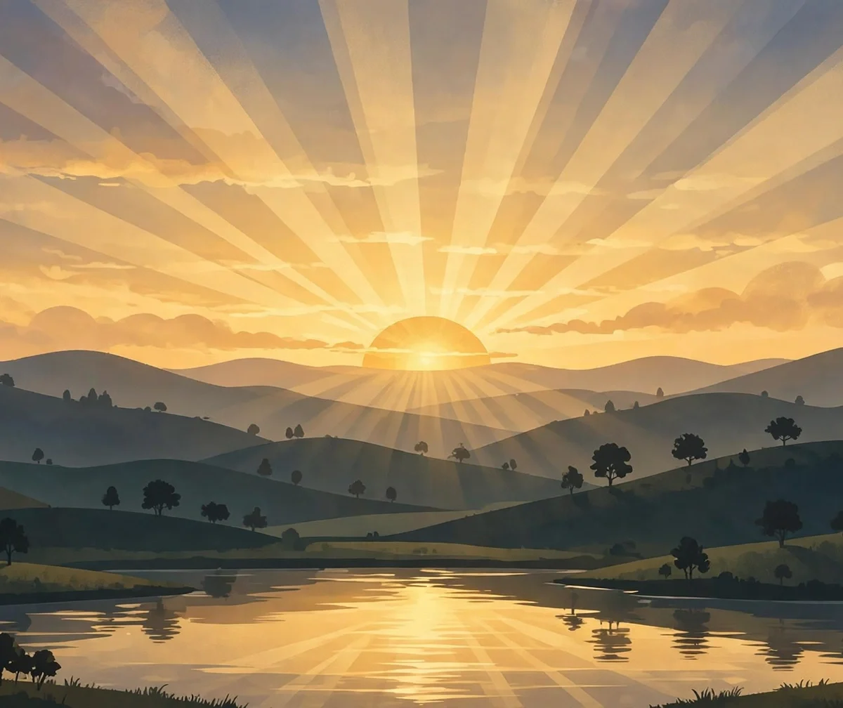 Golden sunrise spreading warm light over rolling hills and trees, symbolizing the benefits of morning sunlight exposure