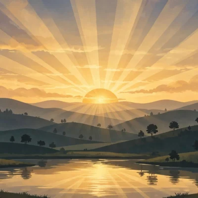 Golden sunrise spreading warm light over rolling hills and trees, symbolizing the benefits of morning sunlight exposure