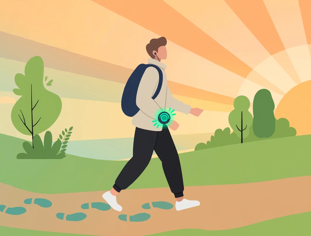 Illustration of daily walking for health with a fitness tracker at sunrise