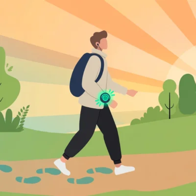 Illustration of daily walking for health with a fitness tracker at sunrise