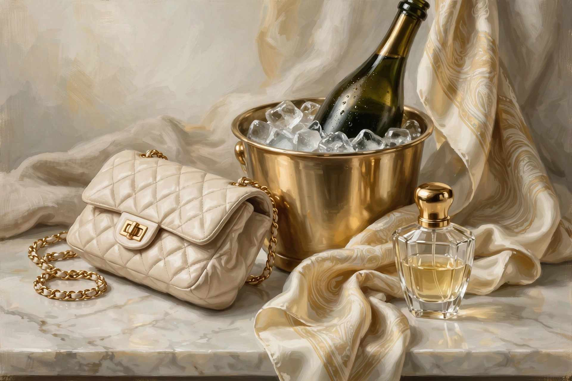 Abstract luxury goods motif with handbags and jewelry for Bernard Arnault LVMH wealth 2026