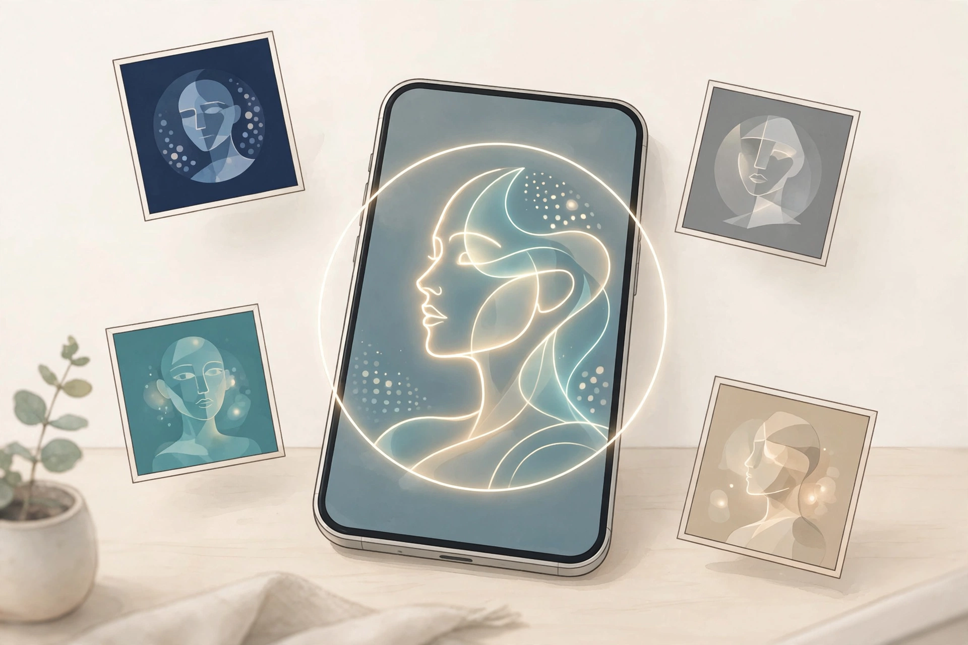 AI headshot generator app on a smartphone showing different professional portrait styles