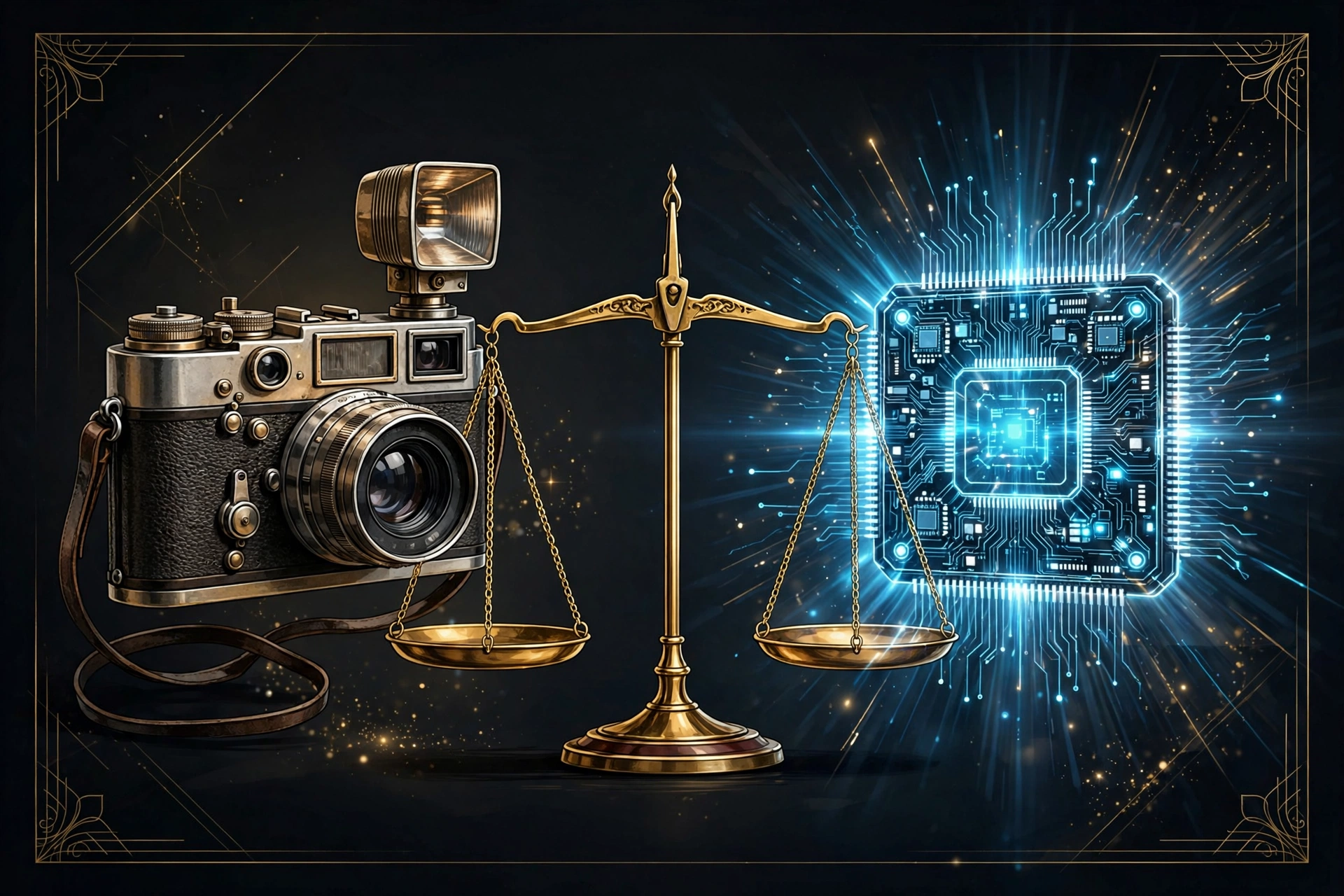 AI headshots versus studio photographer comparison: camera and AI chip on a balance scale
