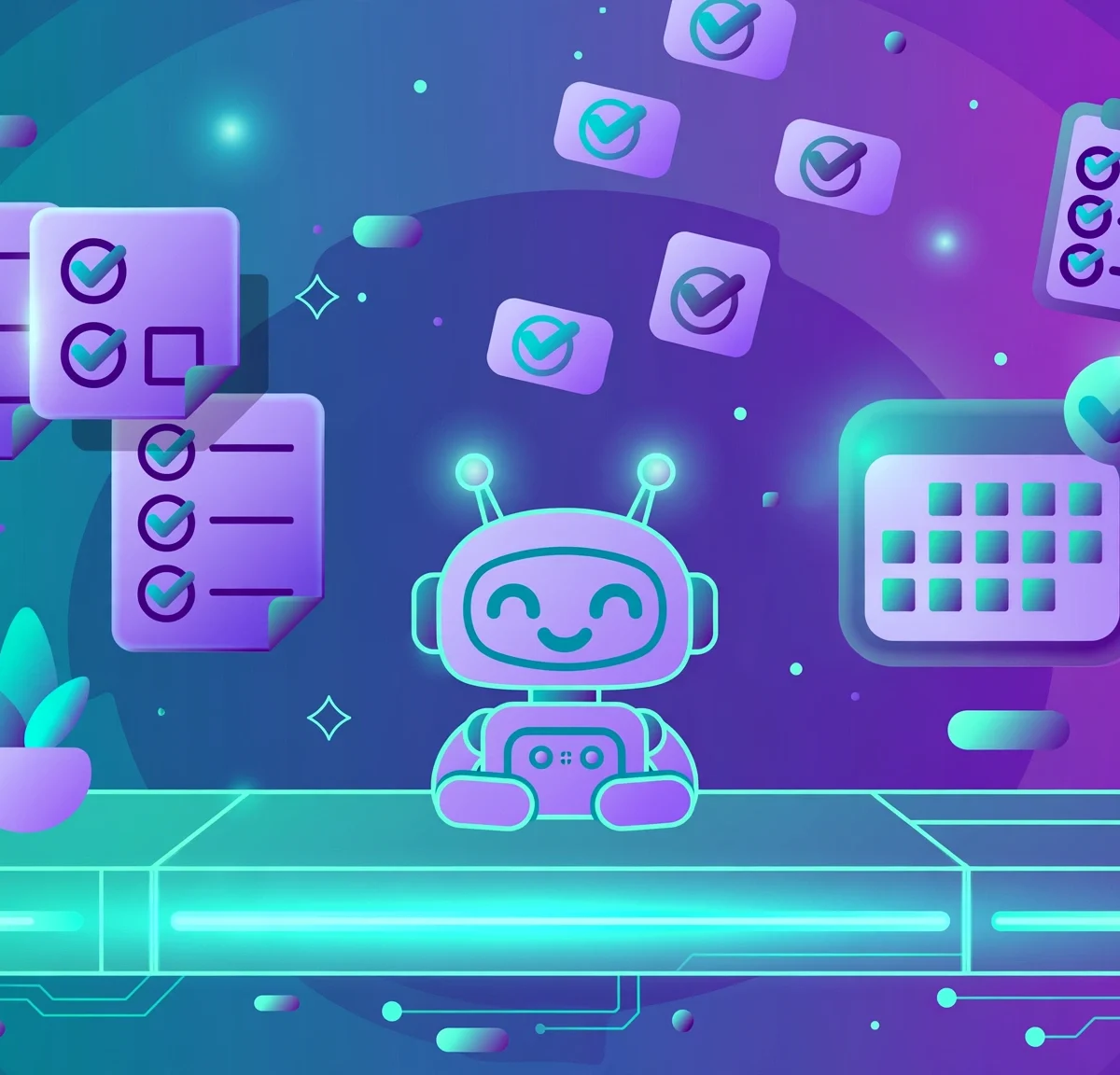 Colorful flat illustration showing the best AI productivity tools of 2026, glowing workspace with robot assistant and task icons
