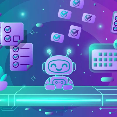 Colorful flat illustration showing the best AI productivity tools of 2026, glowing workspace with robot assistant and task icons