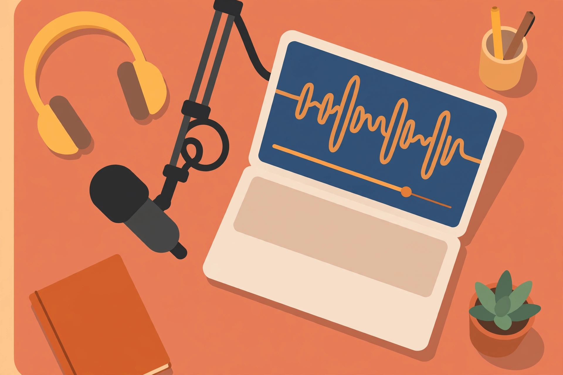 Content creator desk with microphone and audio editing software