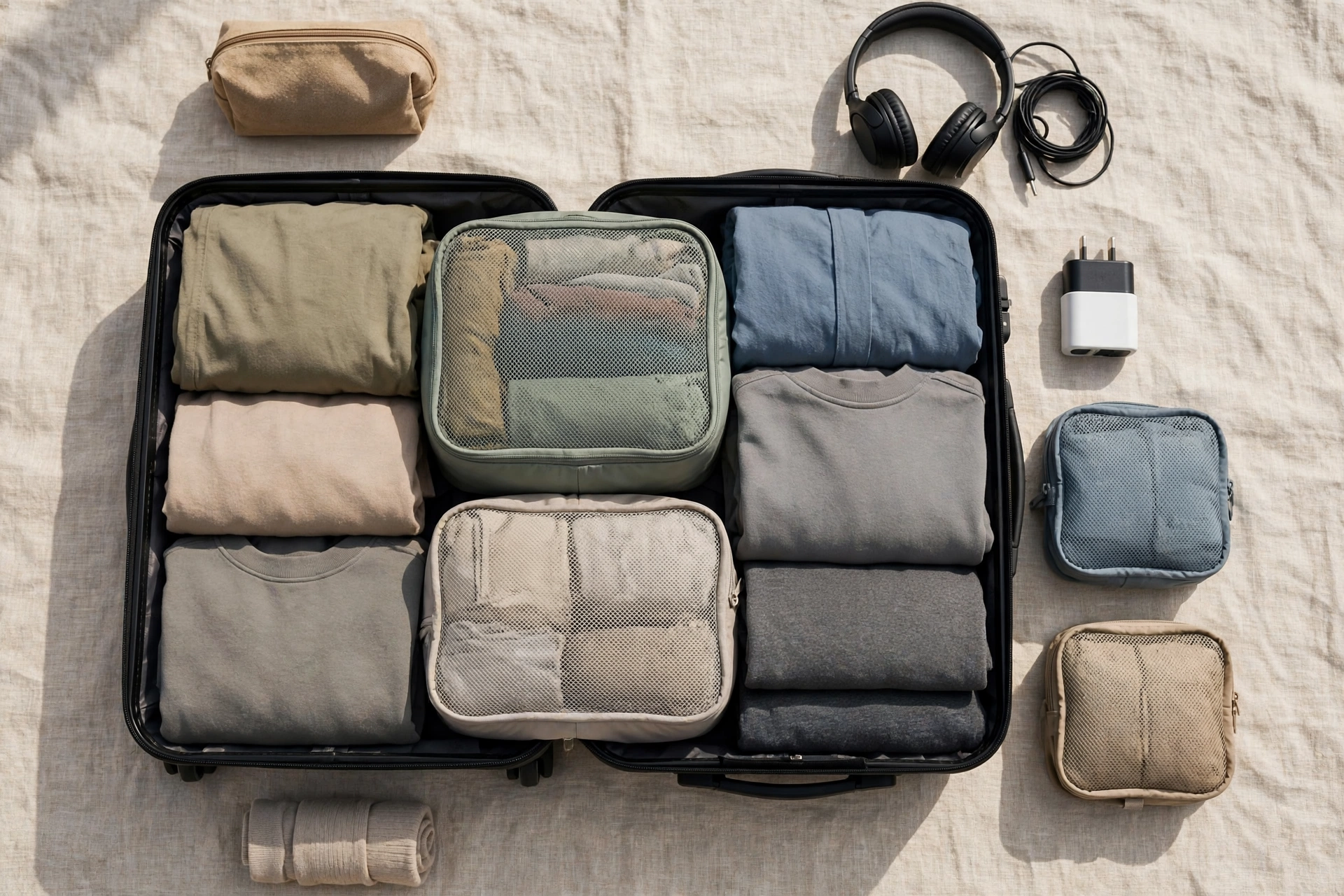 Neatly packed carry-on suitcase with packing cubes, a top budget travel hack to avoid fees