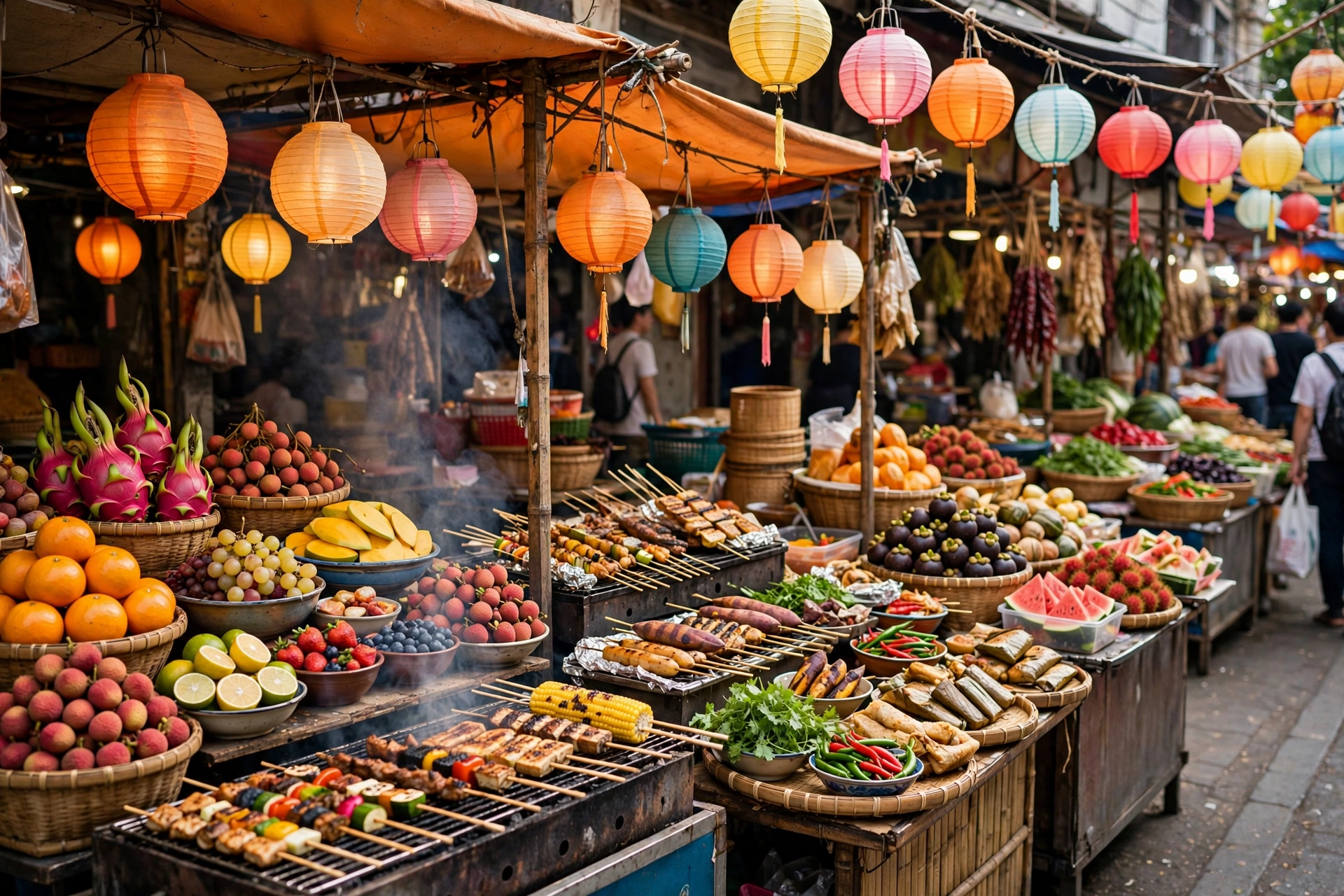 Colorful street food market stalls, eating local food is one of the best budget travel hacks