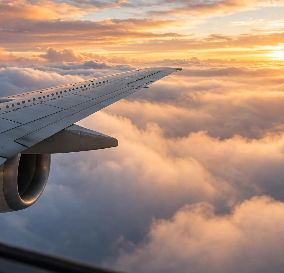 Airplane wing over clouds at golden sunrise inspiring budget travel hacks for cheap flights