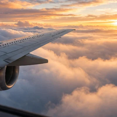 Airplane wing over clouds at golden sunrise inspiring budget travel hacks for cheap flights