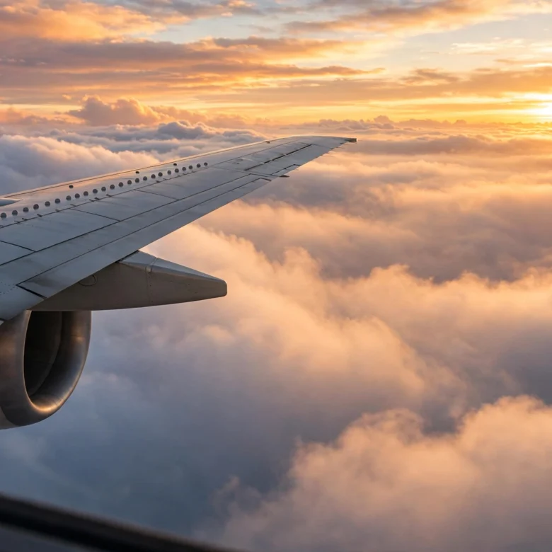 Airplane wing over clouds at golden sunrise inspiring budget travel hacks for cheap flights