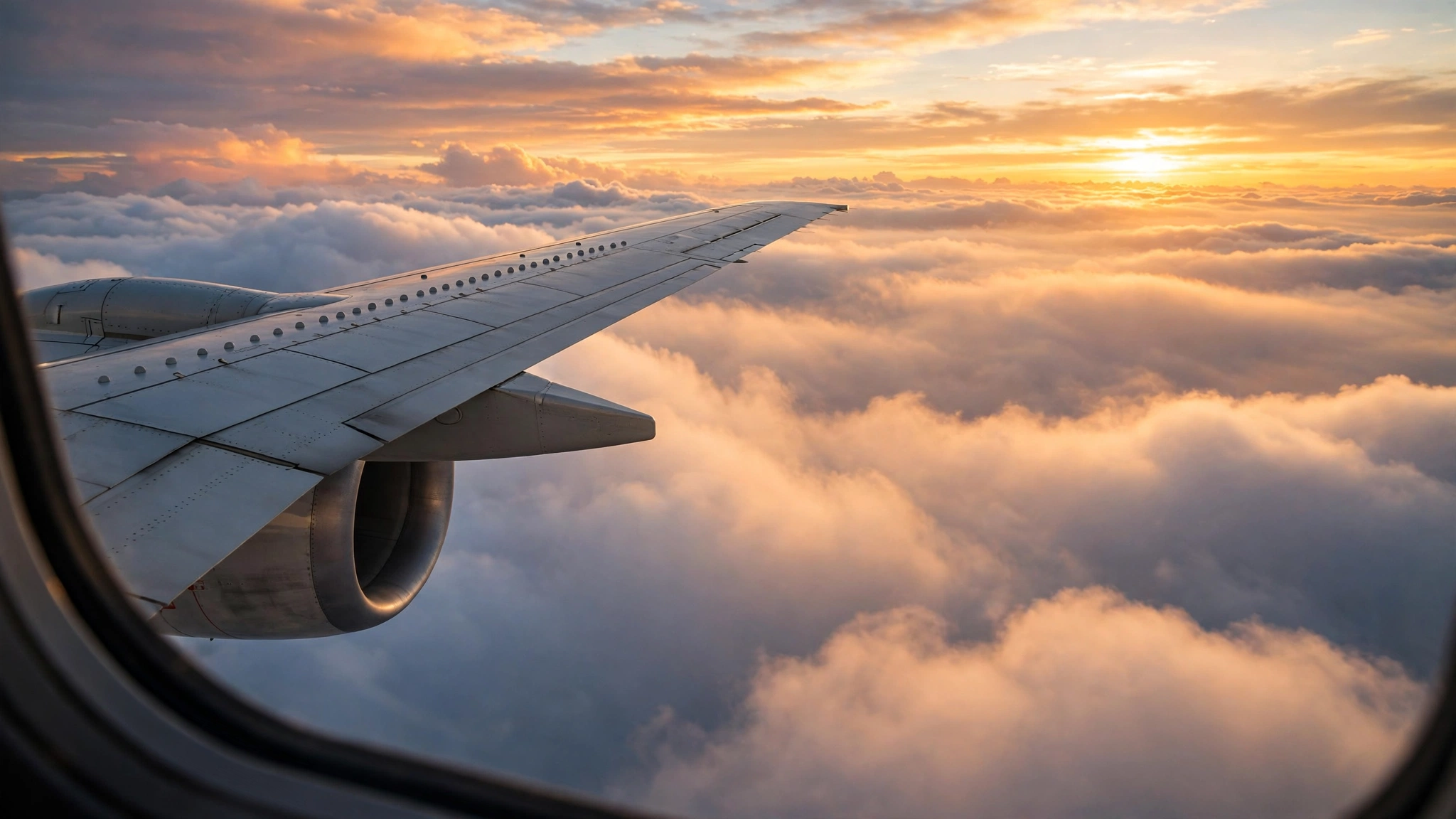Airplane wing over clouds at golden sunrise inspiring budget travel hacks for cheap flights