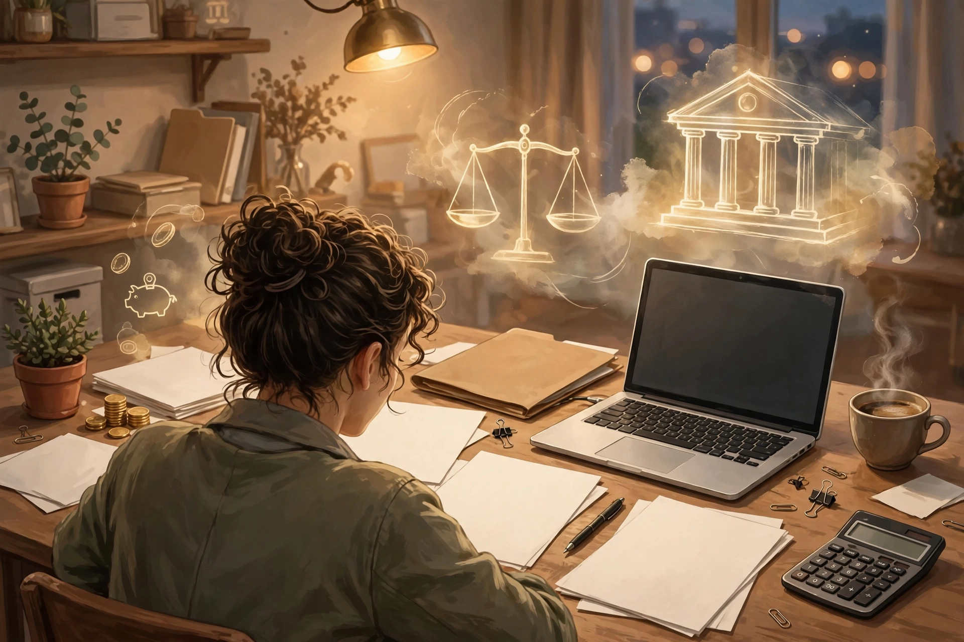 Entrepreneur reviewing business account documents with a laptop at a desk