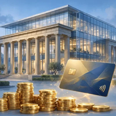 Illustration of a modern bank building with gold coins and a business card representing business banking for LLCs