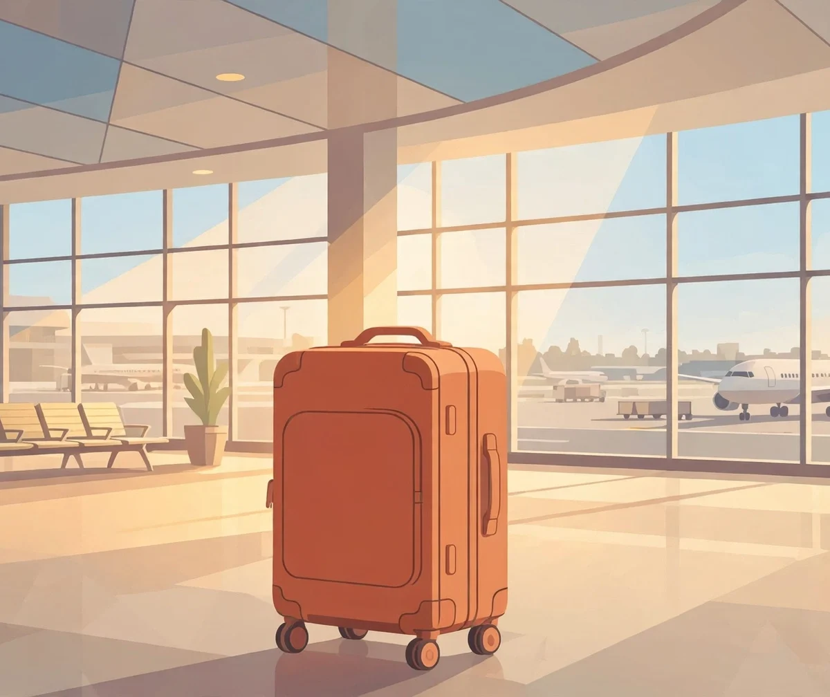 Carry on suitcase on airport conveyor with airplane window view, international travel 2026