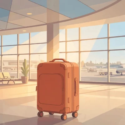 Carry on suitcase on airport conveyor with airplane window view, international travel 2026