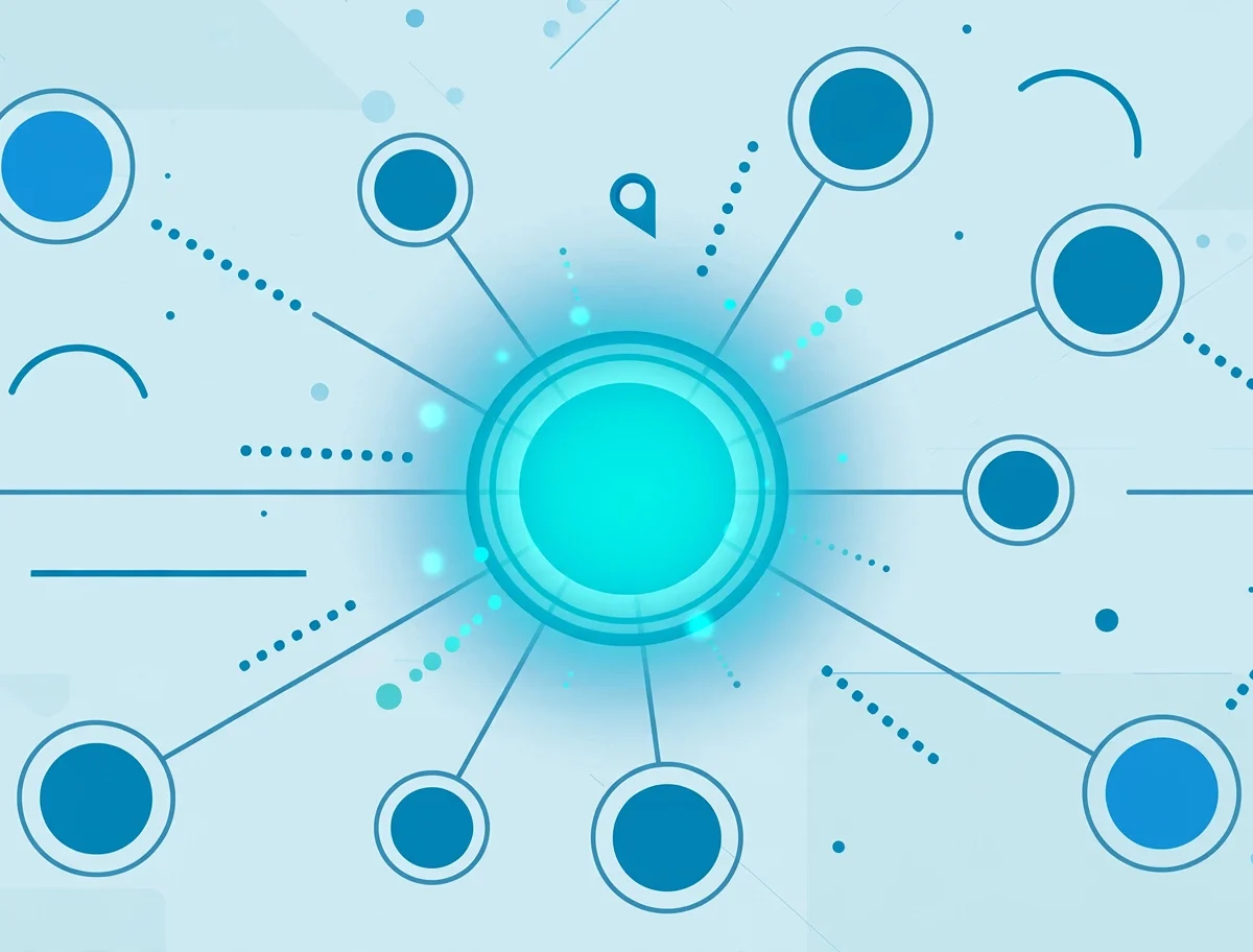 Abstract network hub with connected contact nodes and envelopes representing the best CRM for small business software