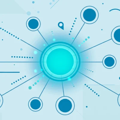 Abstract network hub with connected contact nodes and envelopes representing the best CRM for small business software