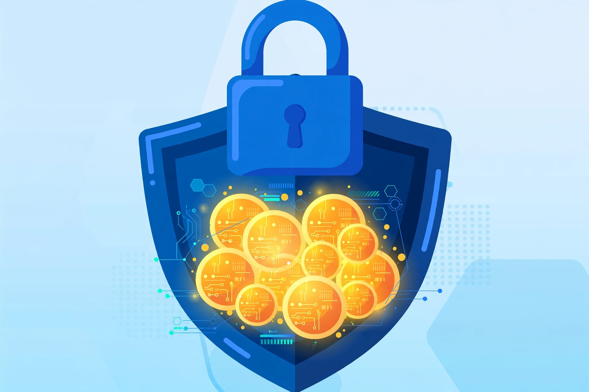 Padlock and shield protecting digital coins, crypto exchange security concept illustration
