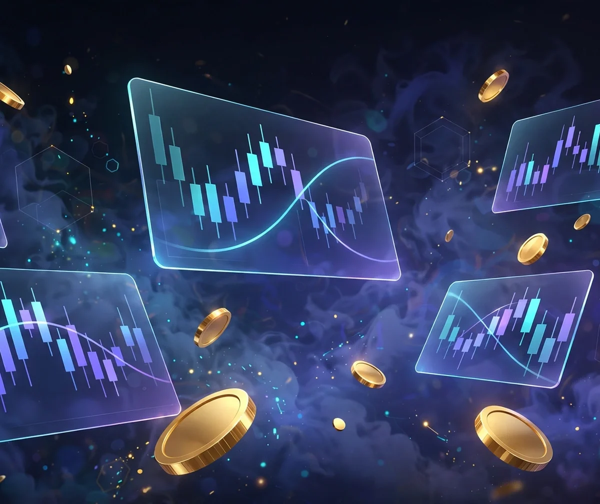 Abstract crypto exchange trading platforms with candlestick charts floating on a dark background