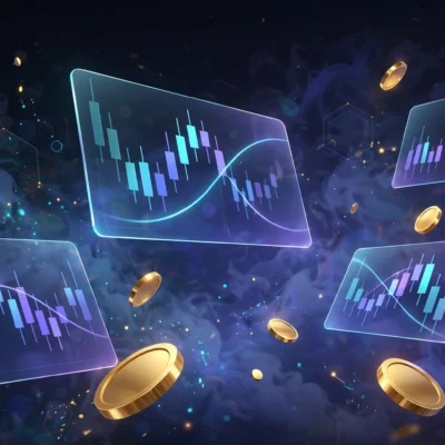 Abstract crypto exchange trading platforms with candlestick charts floating on a dark background