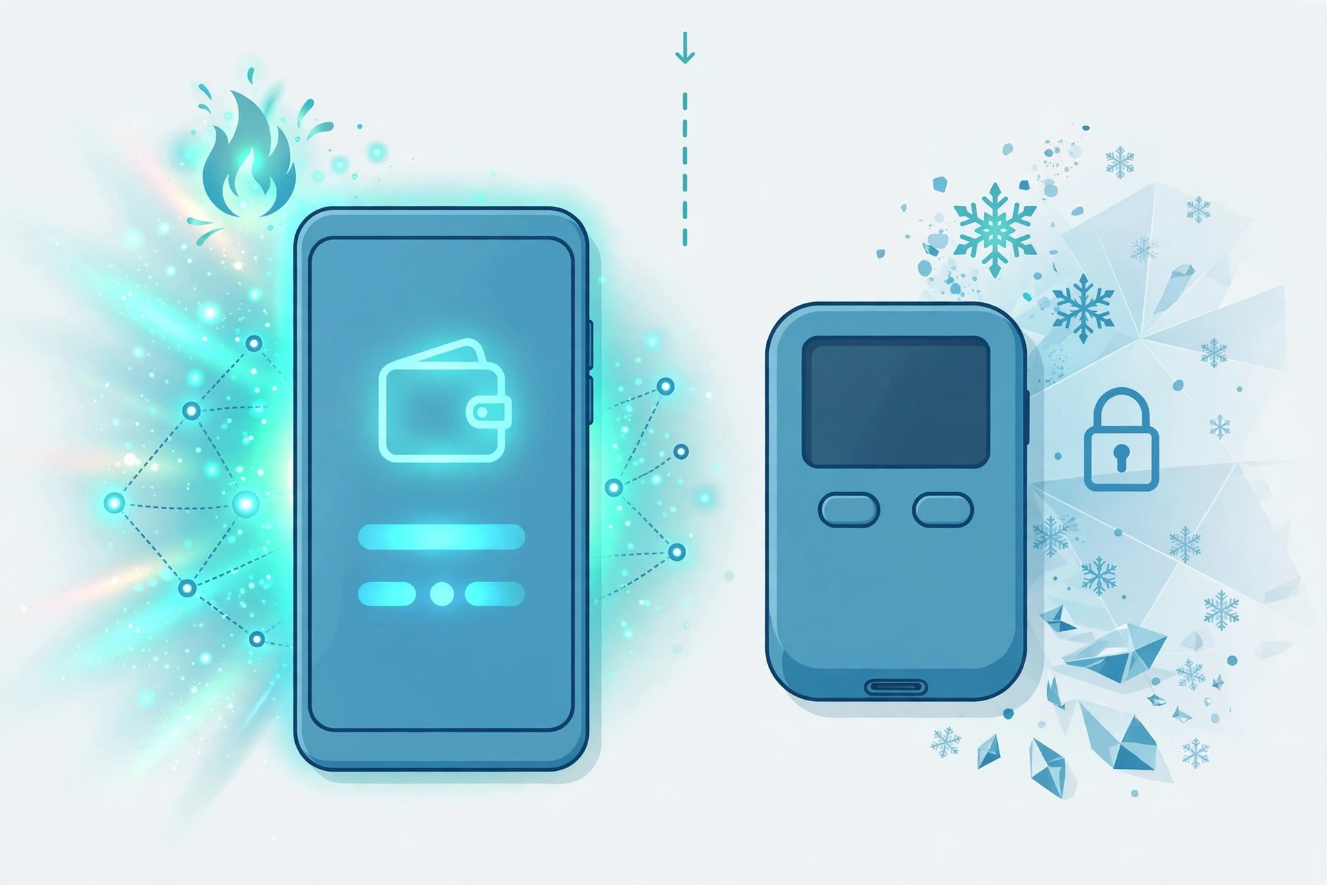 Hot software wallet on smartphone compared with cold hardware wallet device side by side