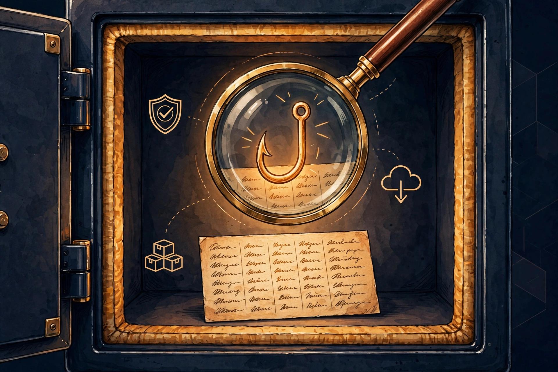 Written crypto seed phrase backup secured in a safe with phishing protection concept