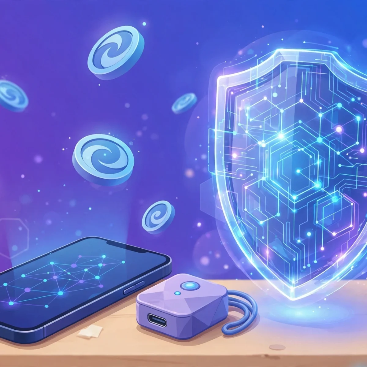 Smartphone crypto wallet app beside a hardware wallet device with a digital security shield