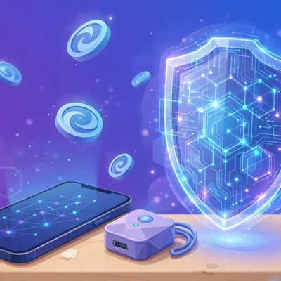 Smartphone crypto wallet app beside a hardware wallet device with a digital security shield