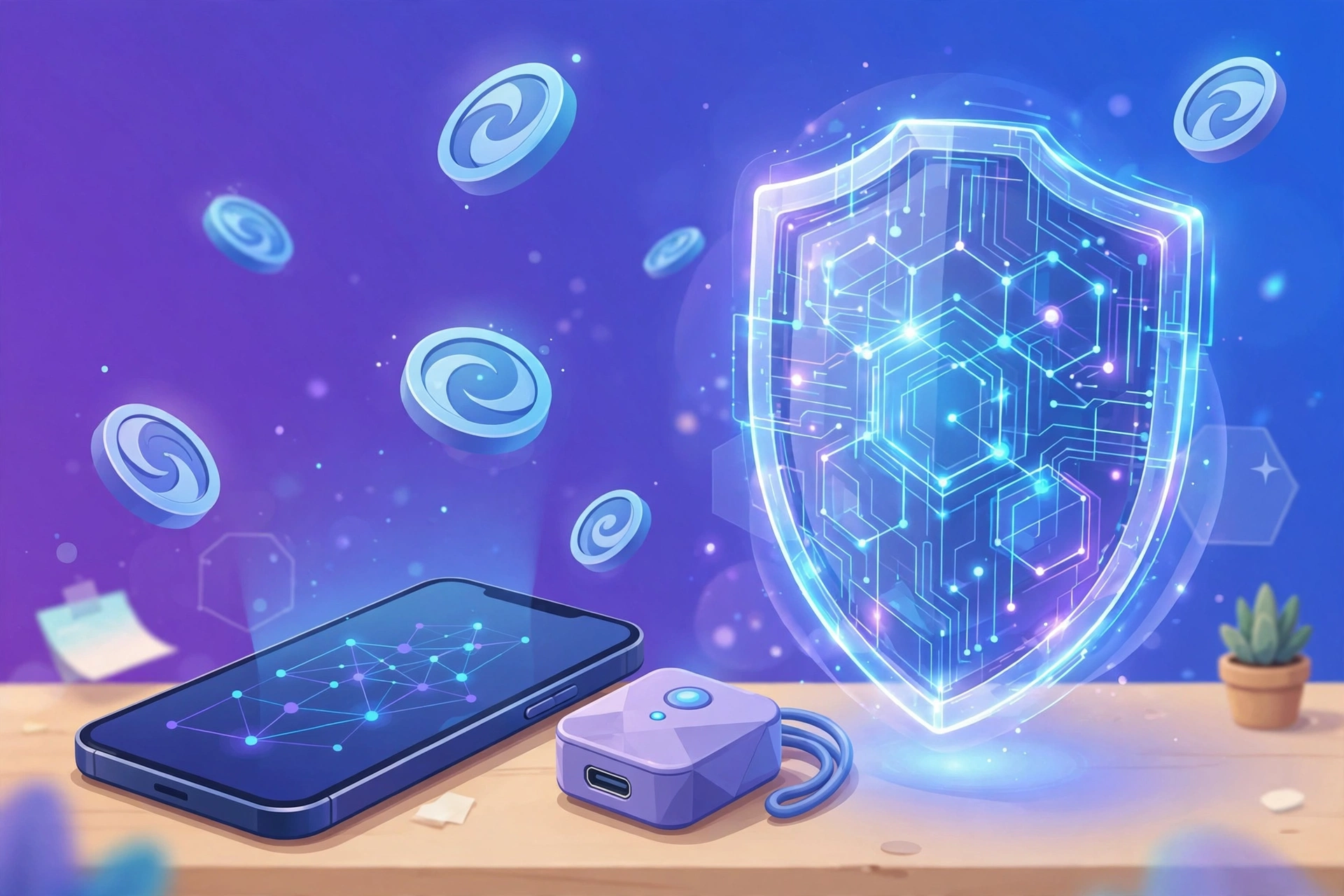 Smartphone crypto wallet app beside a hardware wallet device with a digital security shield