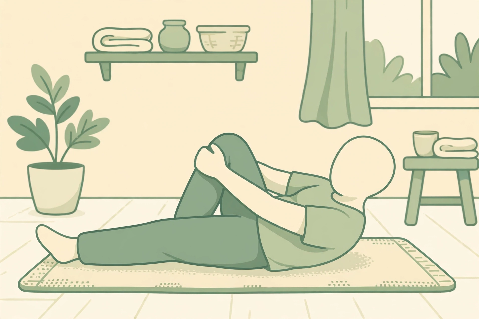 Illustration of knee-to-chest stretch exercise to relieve lower back pain at home