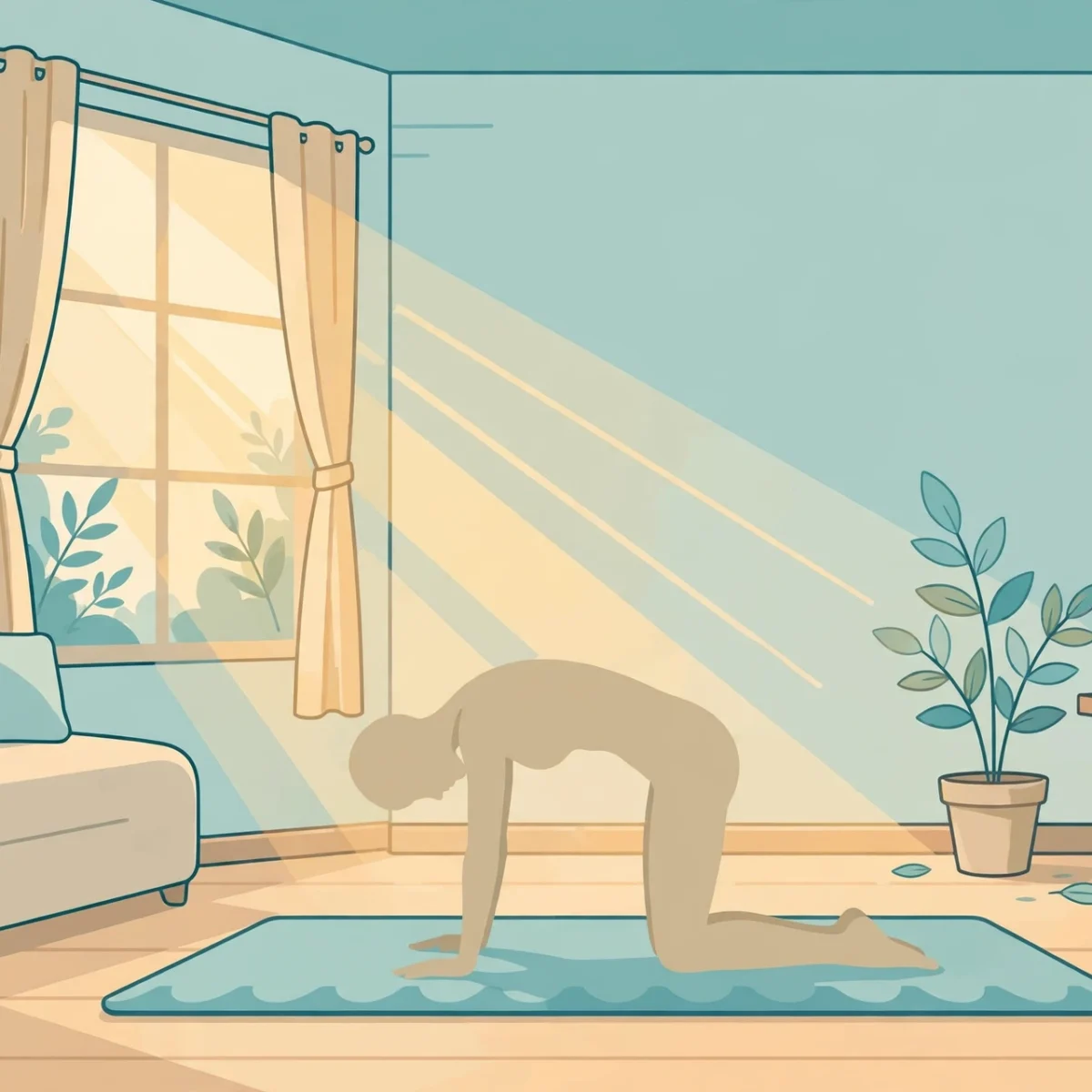 Illustration of a person doing a cat-cow back stretch on a mat in a sunny home living room