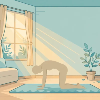 Illustration of a person doing a cat-cow back stretch on a mat in a sunny home living room