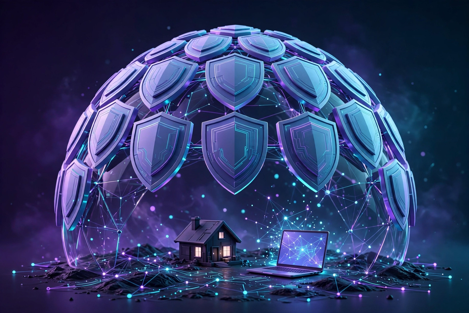 Cybersecurity shield protecting computer concept