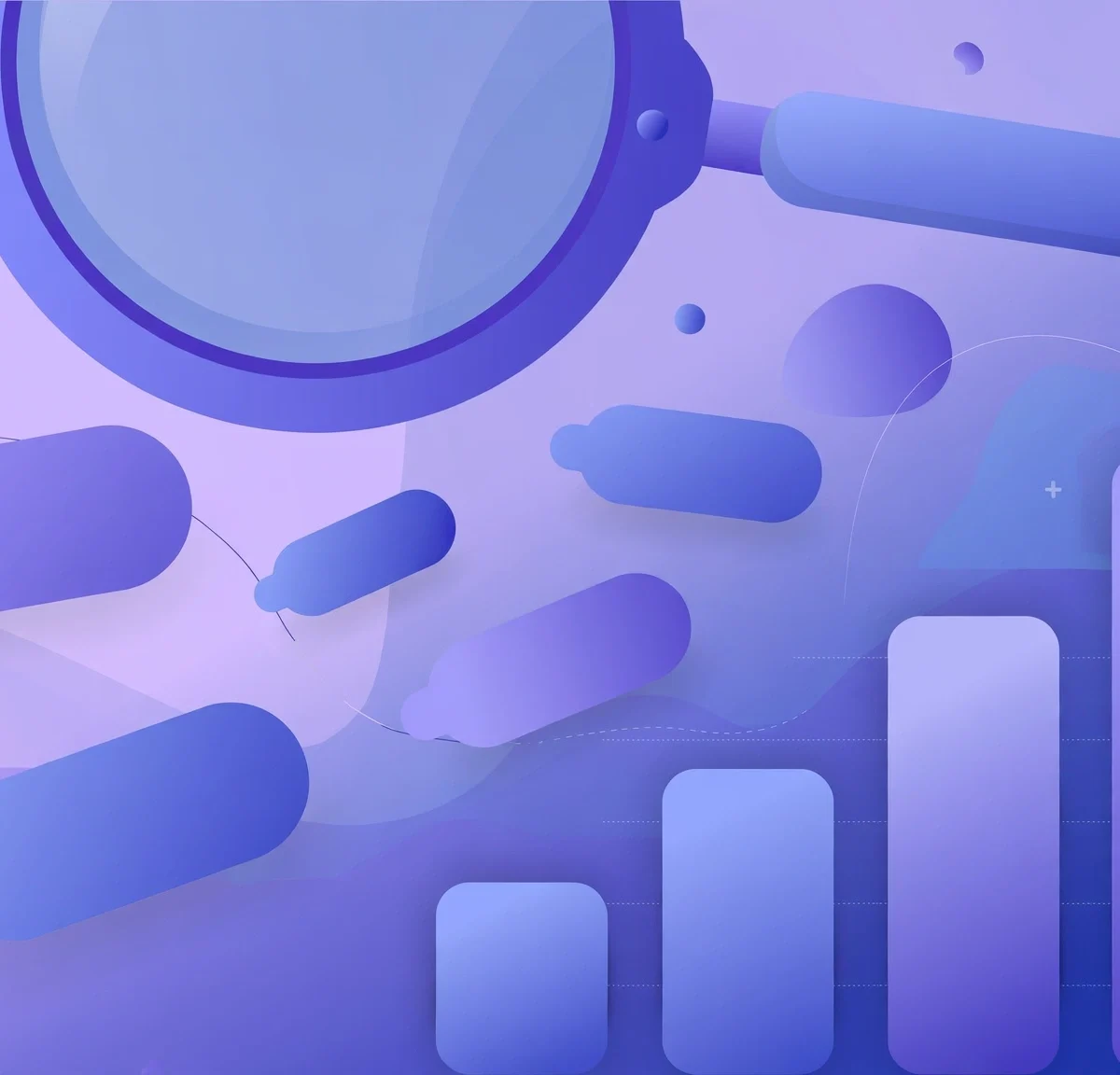 Abstract illustration of a magnifying glass over keyword tags and a rising chart, a visual for free keyword research tools