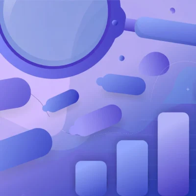 Abstract illustration of a magnifying glass over keyword tags and a rising chart, a visual for free keyword research tools