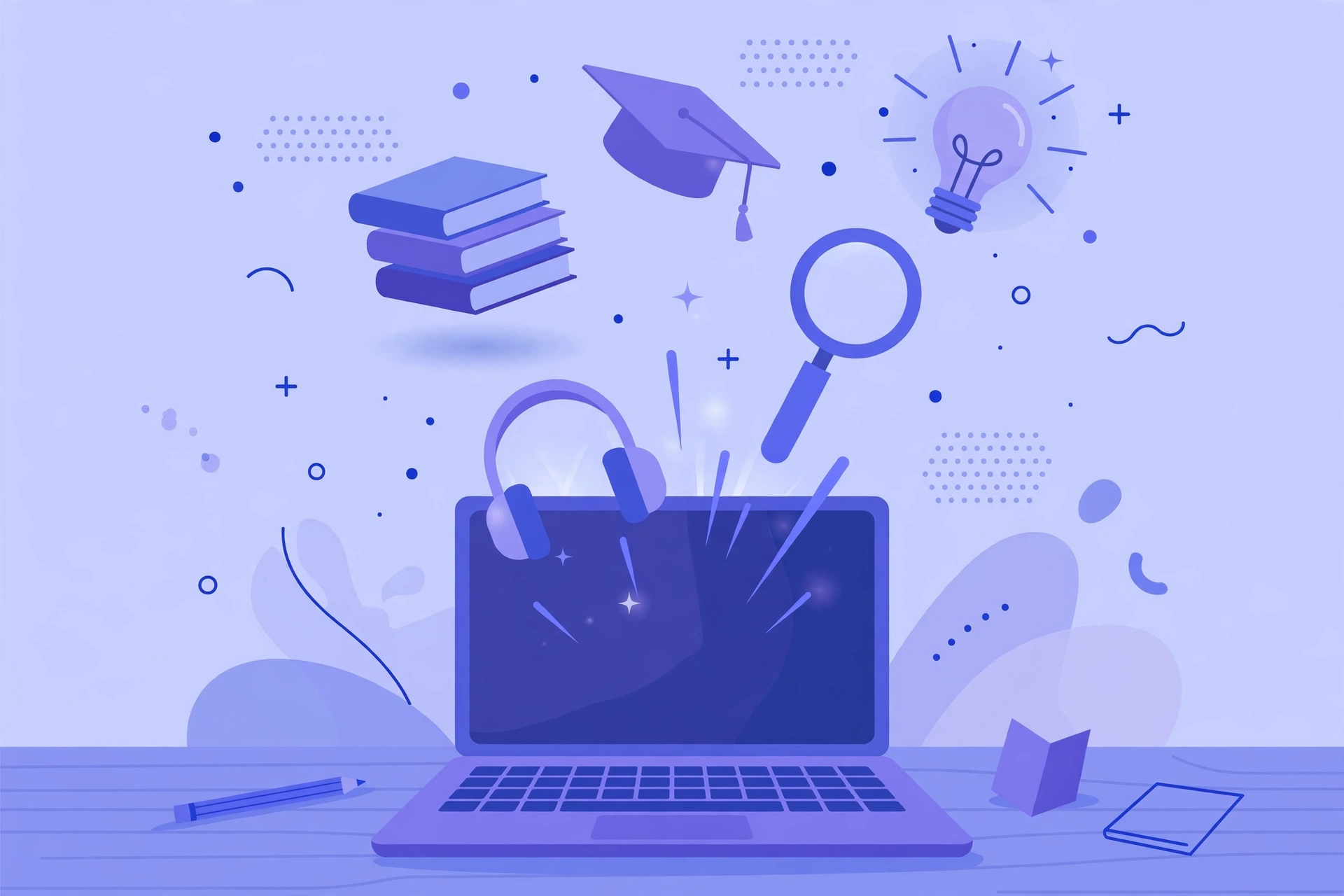 Illustration of an open laptop with floating education symbols, headphones, books and a graduation cap