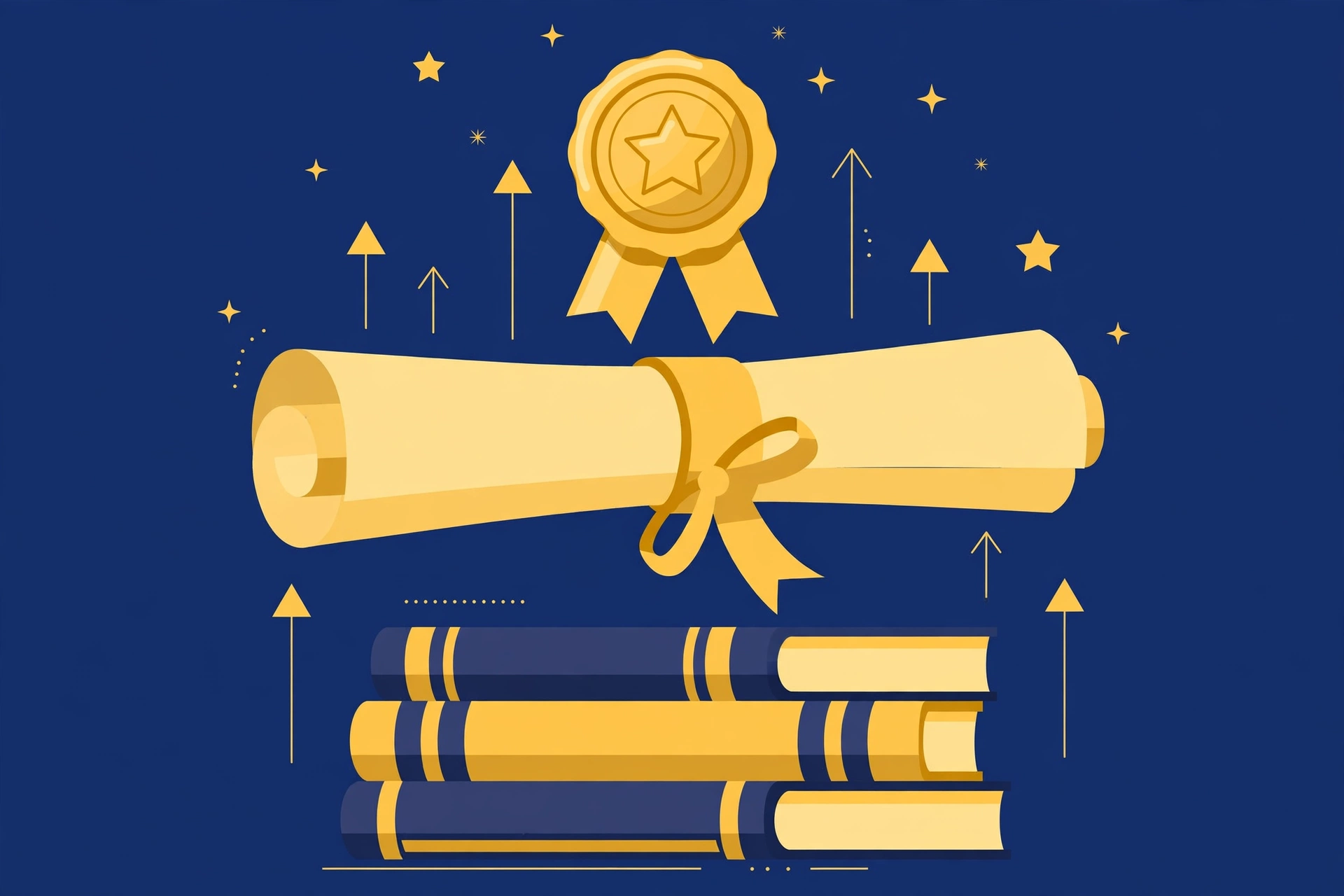 Illustration of a rolled diploma scroll with a gold seal medal floating above stacked books