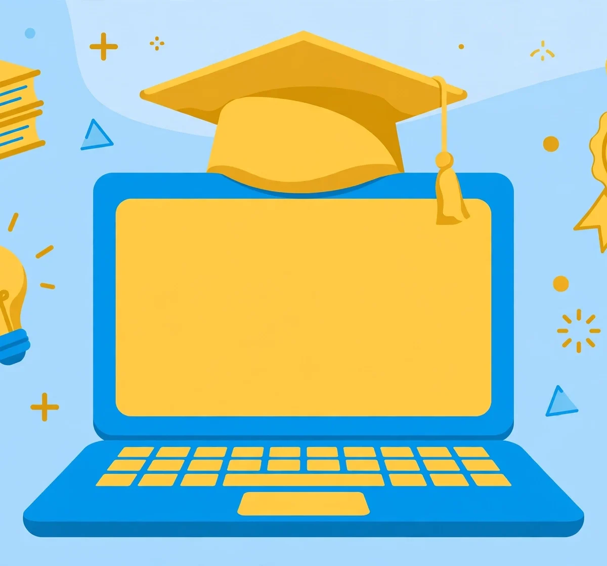 Illustration of an open laptop with a graduation cap and gold ribbon medal badge for online courses