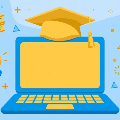 Illustration of an open laptop with a graduation cap and gold ribbon medal badge for online courses